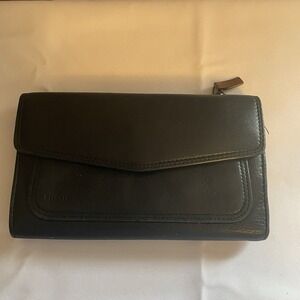 Vintage Fossil Black Genuine Leather Bi-Fold Organizer Wallet Phone Holder